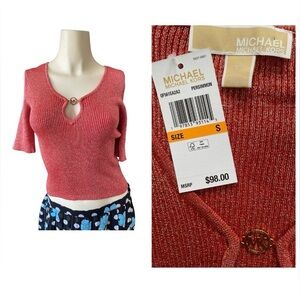 Michael Kors Persimmon ribbed Knit Top short sleeve with Gold Accent women S